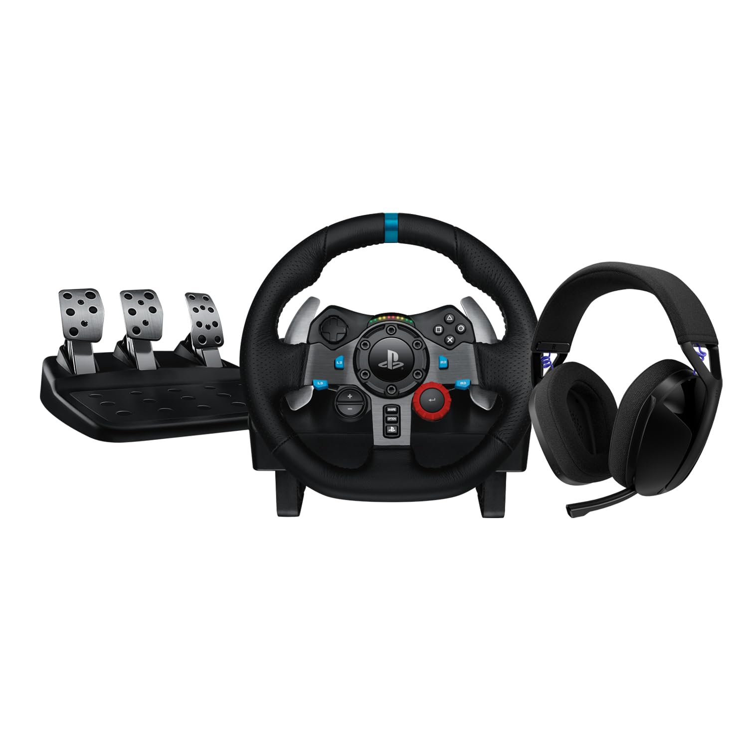 Volan de curse Logitech G G29 Driving Force, pedale de podea, Force Feedback, padele de schimbare a vitezelor din oțel inoxidabil + căști de gaming wireless Bluetooth G321 LIGHTSPEED, PC, PS4, PS5 - Negru - 941-000112