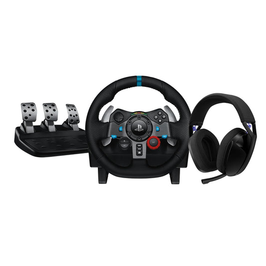 Volan de curse Logitech G G29 Driving Force, pedale de podea, Force Feedback, padele de schimbare a vitezelor din oțel inoxidabil + căști de gaming wireless Bluetooth G321 LIGHTSPEED, PC, PS4, PS5 - Negru - 941-000112