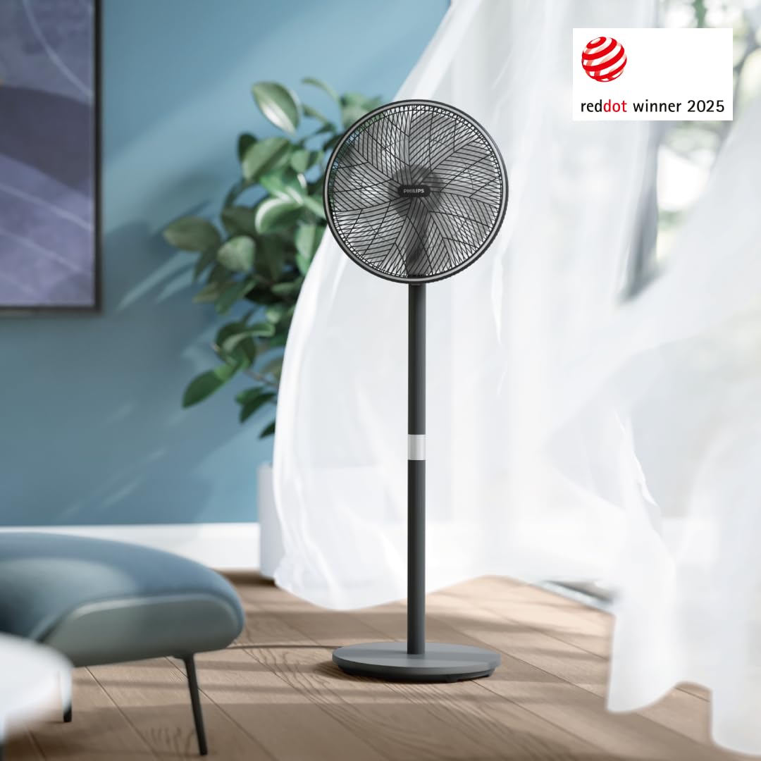 Philips Smart pedestal fan series 3000. Strong & extremely quiet SilentWings technology. 19dB. 2-in-1 table & pedestal fan. Tiltable & rotatable. App control. 12 hour timer. Black (CX3550/01)