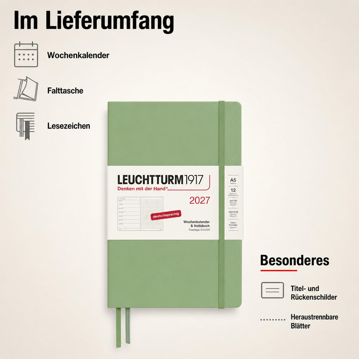 LEUCHTTURM1917 Calendar săptămânal 2027 punctat mediu (A5) cu caiet - Planificator de întâlniri germană, salvie, ianuarie-decembrie 2027, prezentare generală săptămânală în stânga + pagină cu note în dreapta - 400094