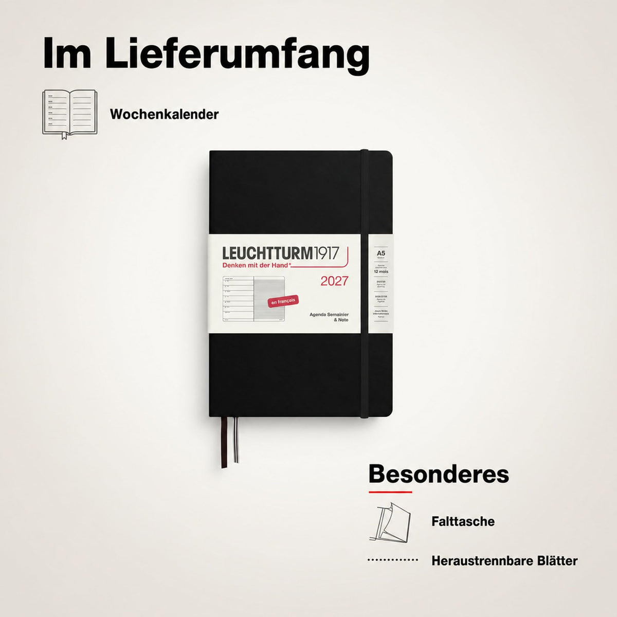 LEUCHTTURM1917 weekly calendar 2027 medium (A5) with notebook, lined - French appointment planner, black, hardcover, January-December 2027, weekly overview on the left + note page on the right - 400376