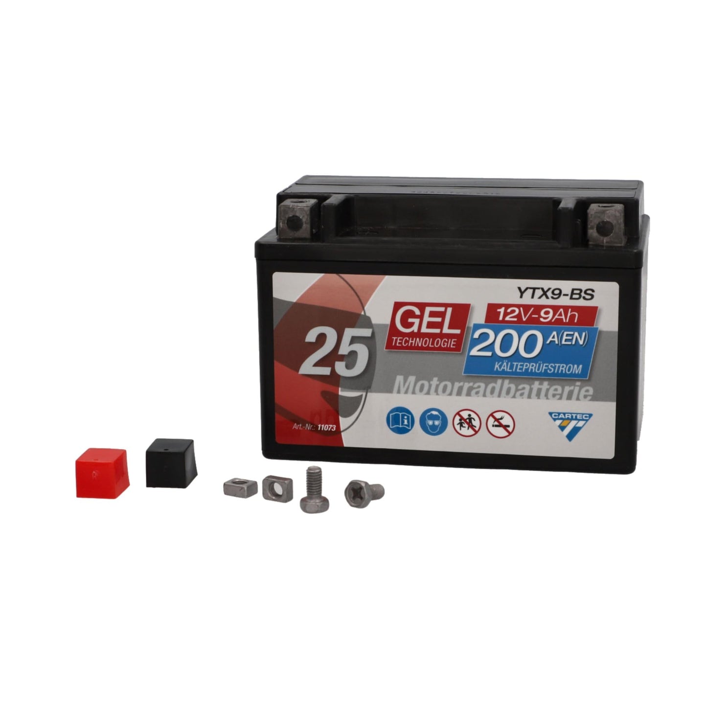 CARTEC motorcycle battery YTX9-BS, 9Ah, 200A, gel technology motorcycle starter battery, original equipment manufacturer quality, cycle-proof, storable, maintenance-free, black - 11073