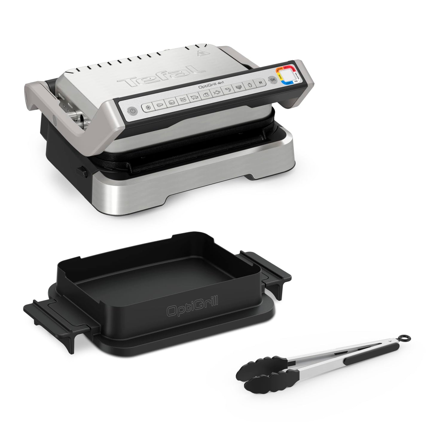 Tefal OptiGrill 4in1 contact grill with baking tray, foldable, table grill, 9 automatic programs, cooking level display, dishwasher-safe parts, electric grill, oven, GC776D10