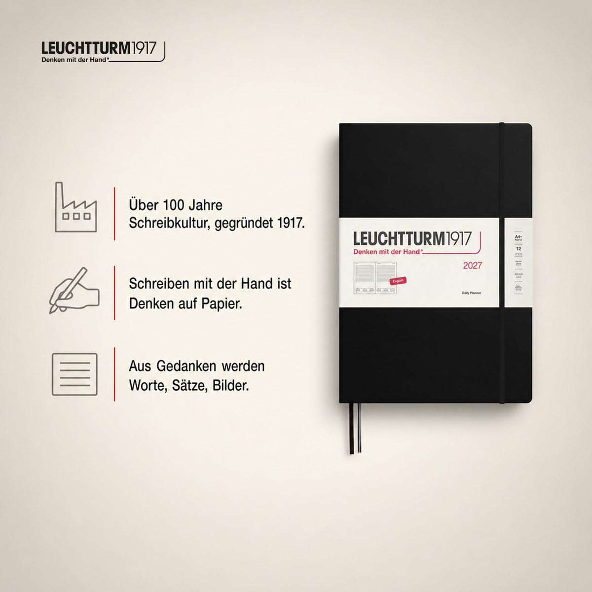 LEUCHTTURM1917 Daily Calendar 2027 A4+ (Master) - English, Black, 225 x 315 mm, January-December (12 months), 1 page per day, hourly grid 7:00-22:00, hardcover, 100 g/m² paper - 400323