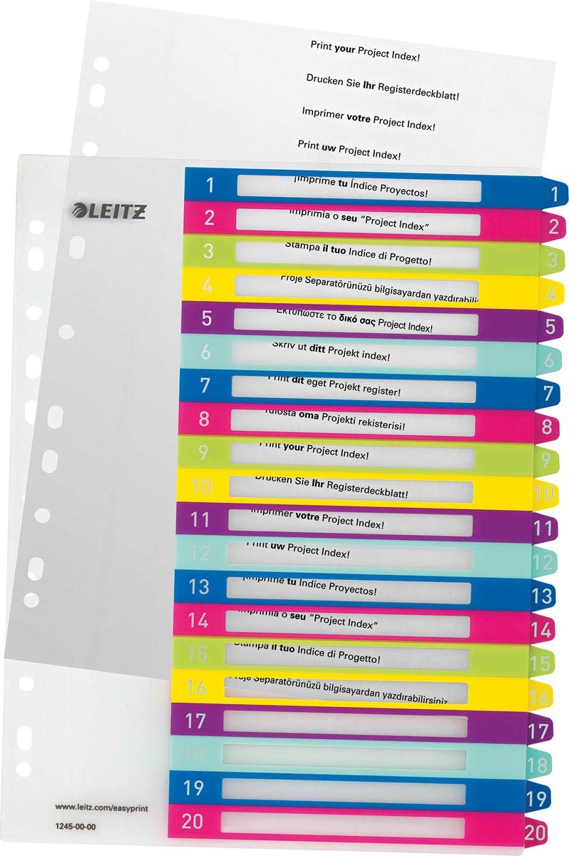Leitz register for A4, pack of 6, PC-writable cover sheet and 20 dividers, tabs with numbers printed 1-20, extra width, multi-colored, polypropylene, WOW, 12450000 - 12450000-6