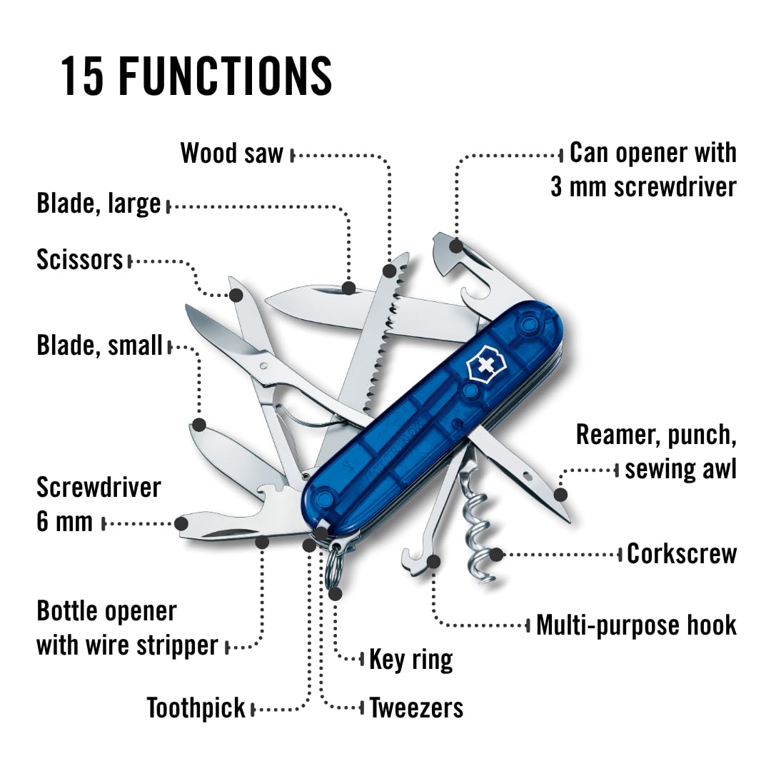 Victorinox Swiss Army Knife Huntsman, Multitool, Swiss Army Knife with 15 functions, blade, corkscrew, can opener, folding box, blue transparent - 1.3713.T2