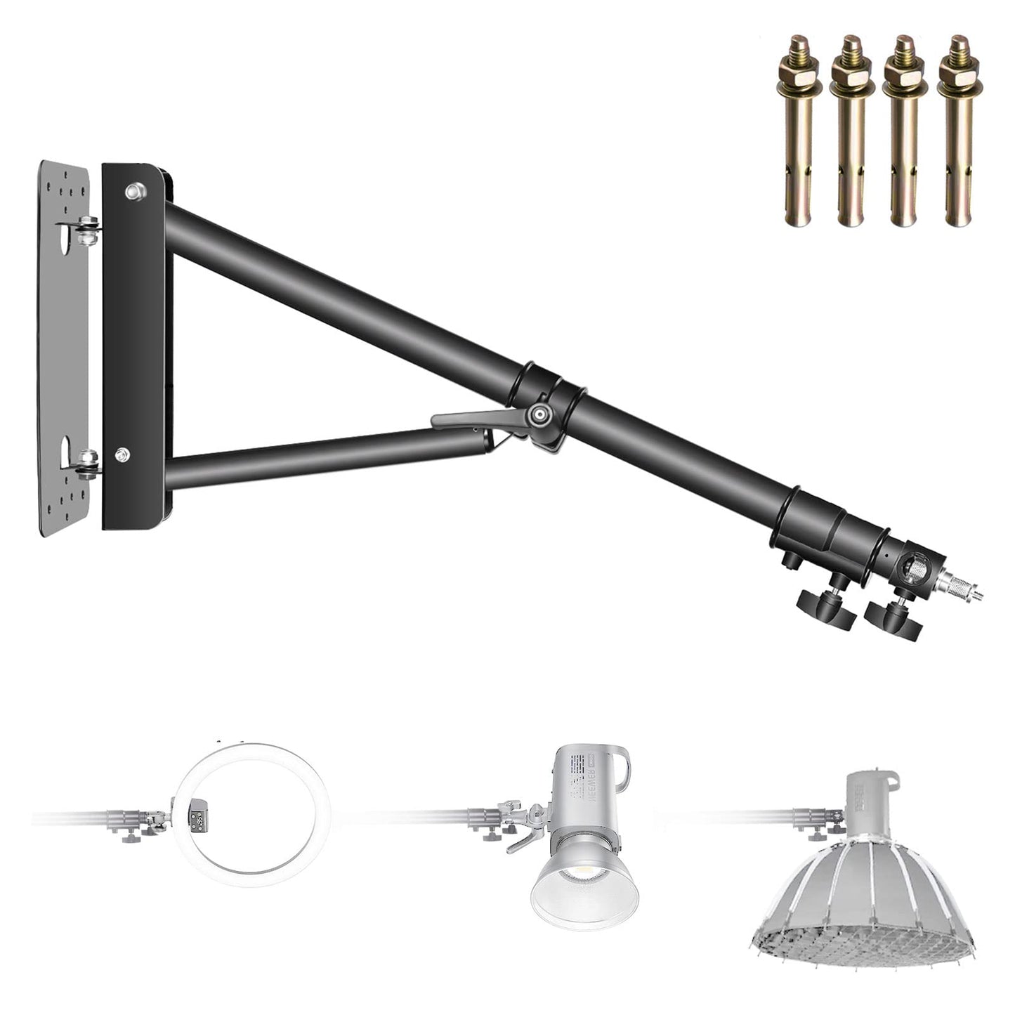 NEEWER Wall Mounted Boom Arm with Triangle Base for Photography Studio Video Strobe Light Monolight Softbox Umbrella Reflector, 180 Degree Rotation, Max Length 51.2 Inches/130cm (Black) - ST-WM130
