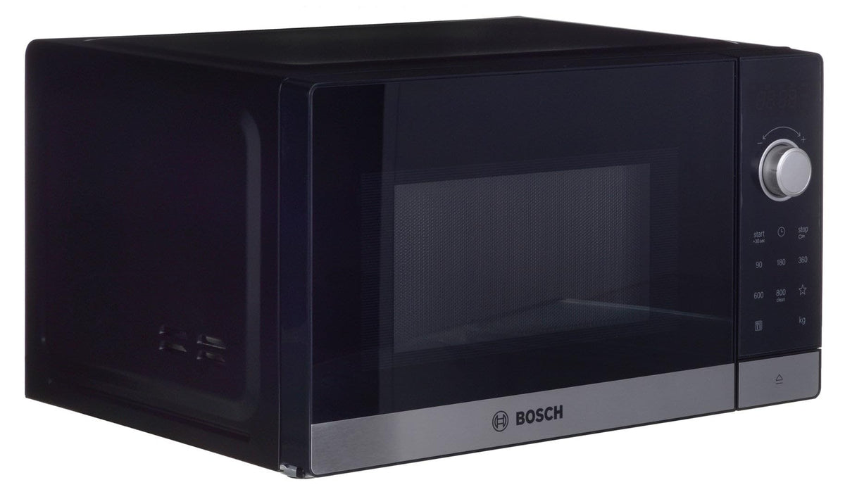 Bosch FFL023MS2 Serie 2 cuptor cu microunde liber, 26 x 44 cm, 800 W, platou rotativ de 27 cm, deschidere a ușii pe partea stângă, AutoPilot 7 cu 7 programe automate, suport pentru curățare, display LED tactil, inox.