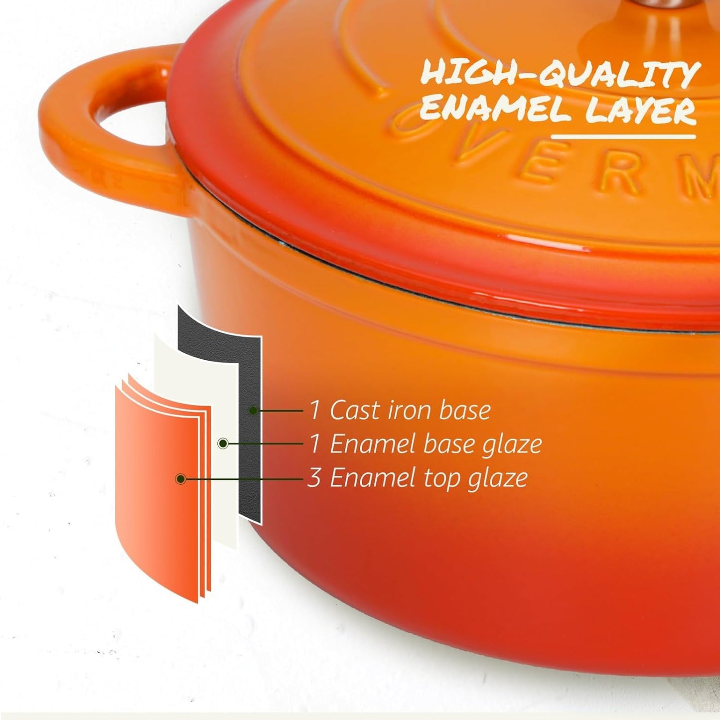 Overmont Casserole Cast Iron Pot 26cm - Enamel Roaster with Lid Oven Safe - with Cookbook - for Kitchen Baking Stewing Roasting Orange - OM-Enamel
