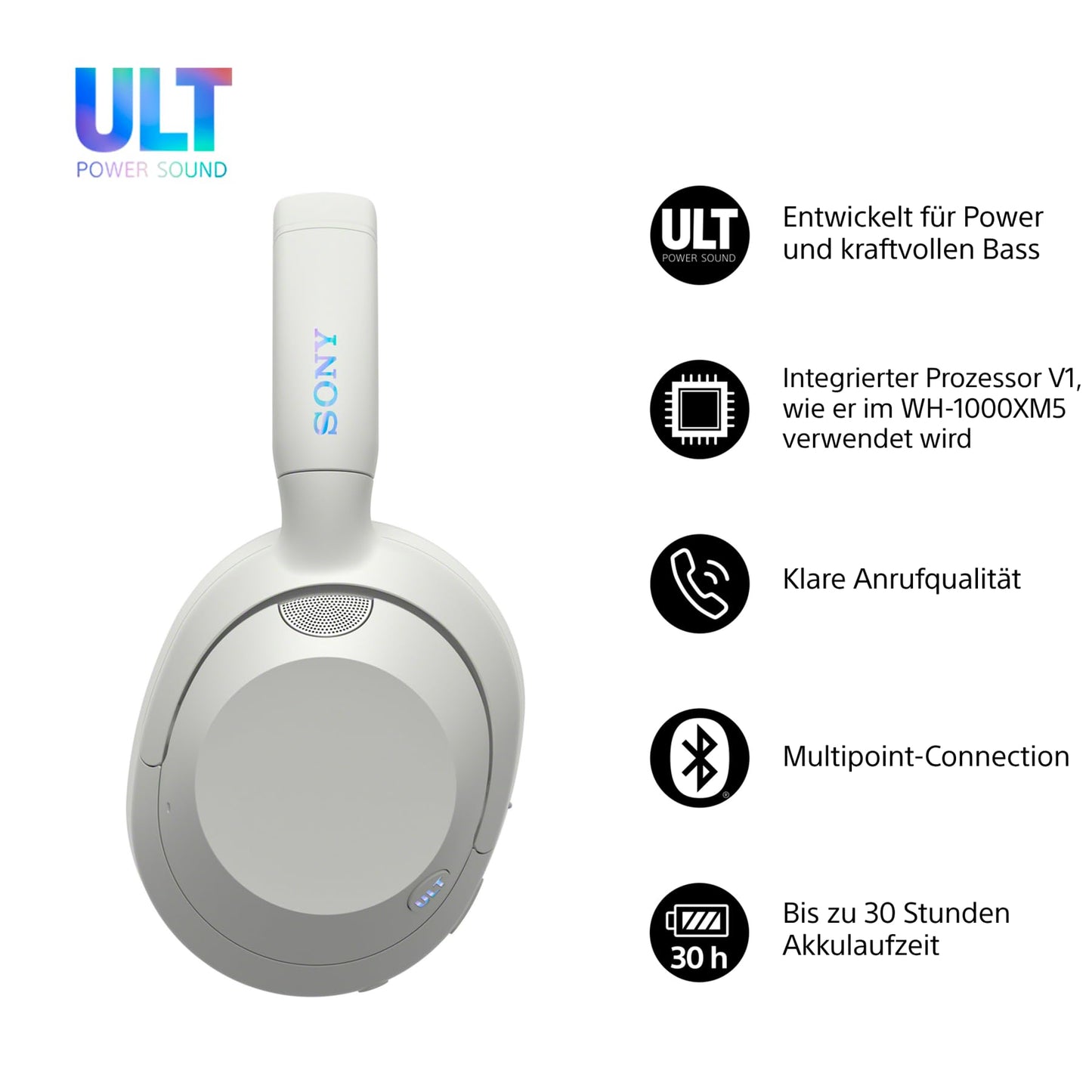 Sony ULT WEAR - Wireless headphones with noise canceling, ULT power sound, ultimate deep bass, same processor as WH-1000XM5, clear calls, 30 hours of battery life, iOS and Android - White - WHULT900NW.CE7