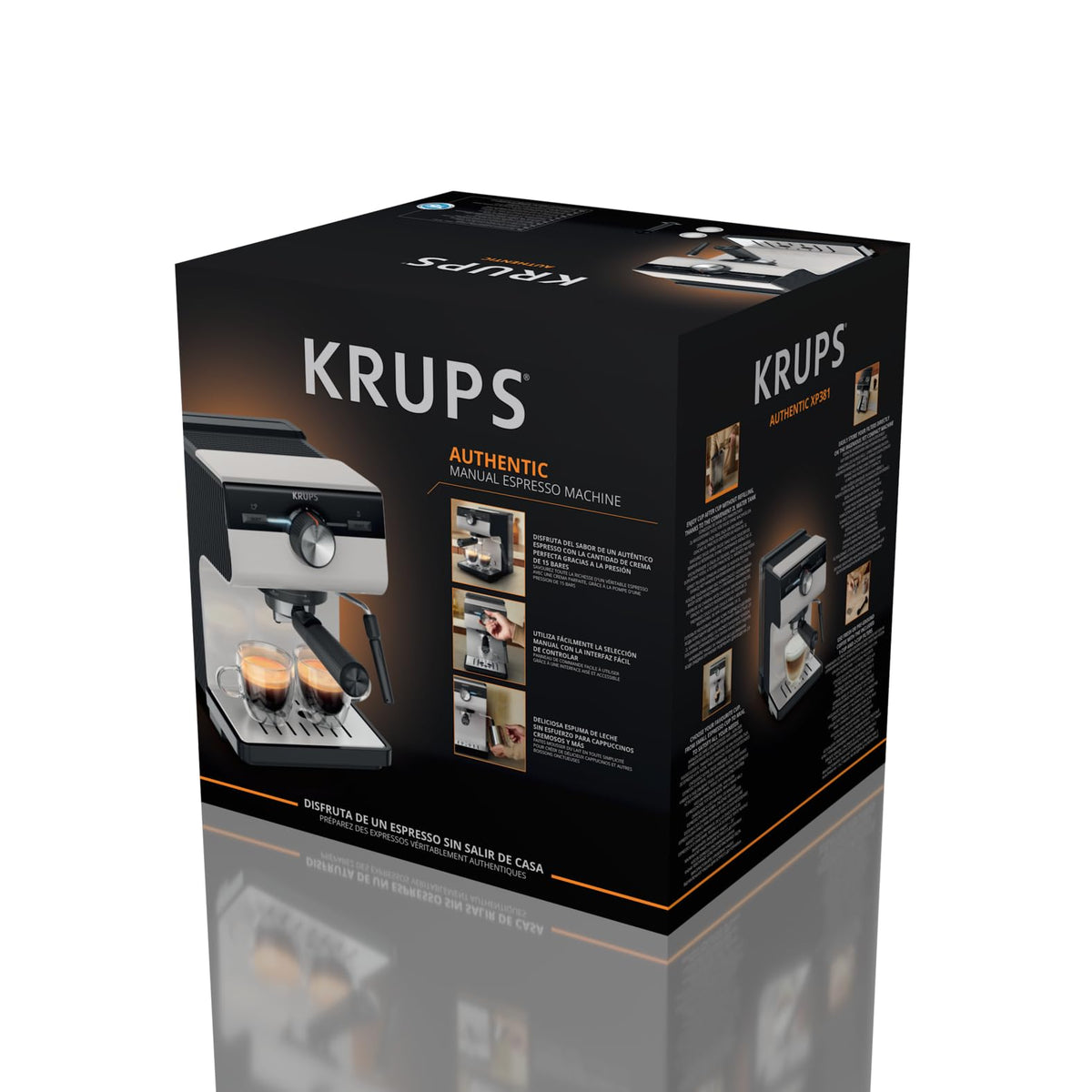 Krups Authentic Espresso Machine, 15 bar, intuitive operation, refined design, integrated steam nozzle, 2 L water tank, including accessories, Grey/Cream, XP381B10