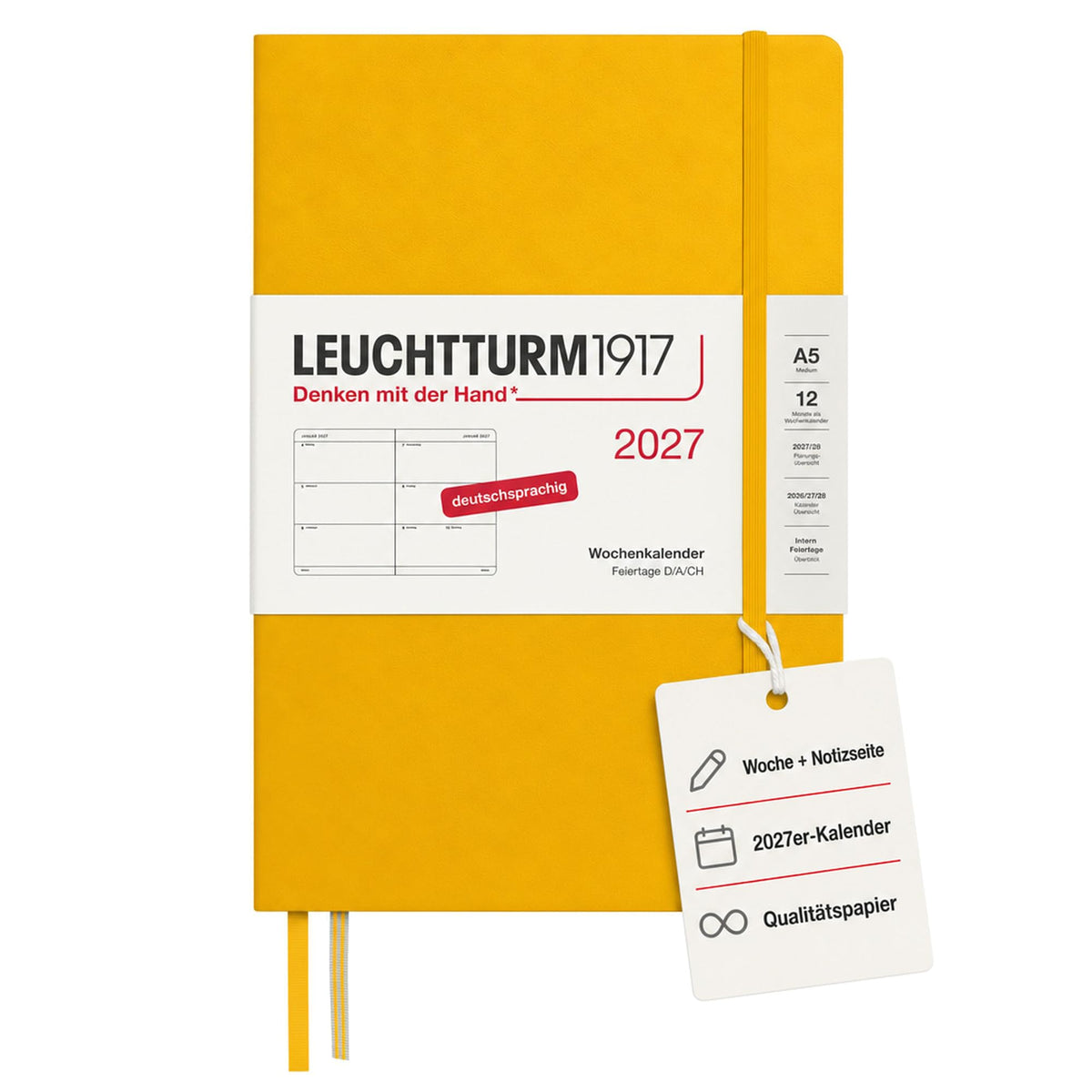 LEUCHTTURM1917 Calendar săptămânal 2027 Mediu (A5) - Germană, Floarea-soarelui, Hardcover, 145 x 210 mm, 12 luni - ianuarie-decembrie 2027, 1 săptămână pe pagină dublă, hârtie de 80 g/m² cu compatibilitate ridicată cu cerneală - 400104