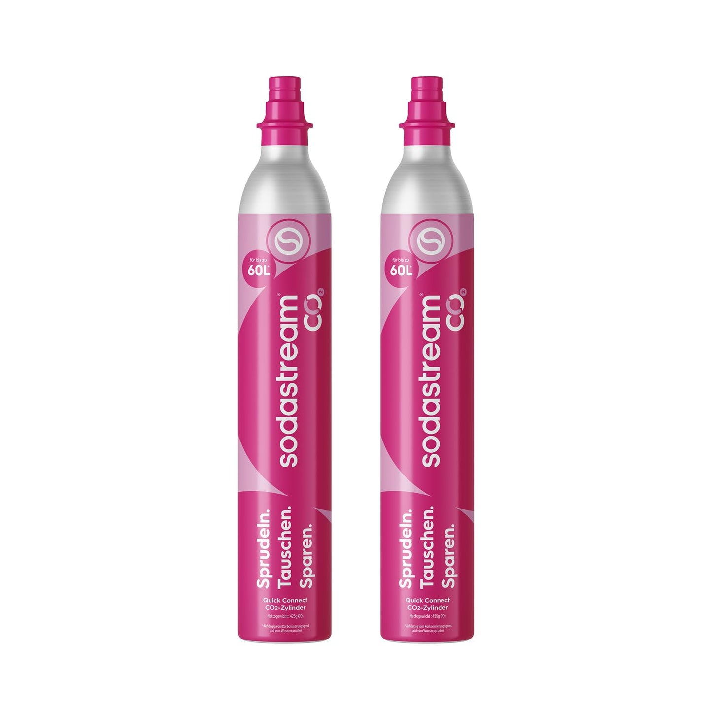 Sodastream Quick Connect CO2 cylinder, pack of 2 reserve cylinders for up to 120L sparkling water, pink, compatible with Terra, E-Terra, Duo, E-Duo, Art, Gaia, Crystal 3.0 and ENSO - CQC