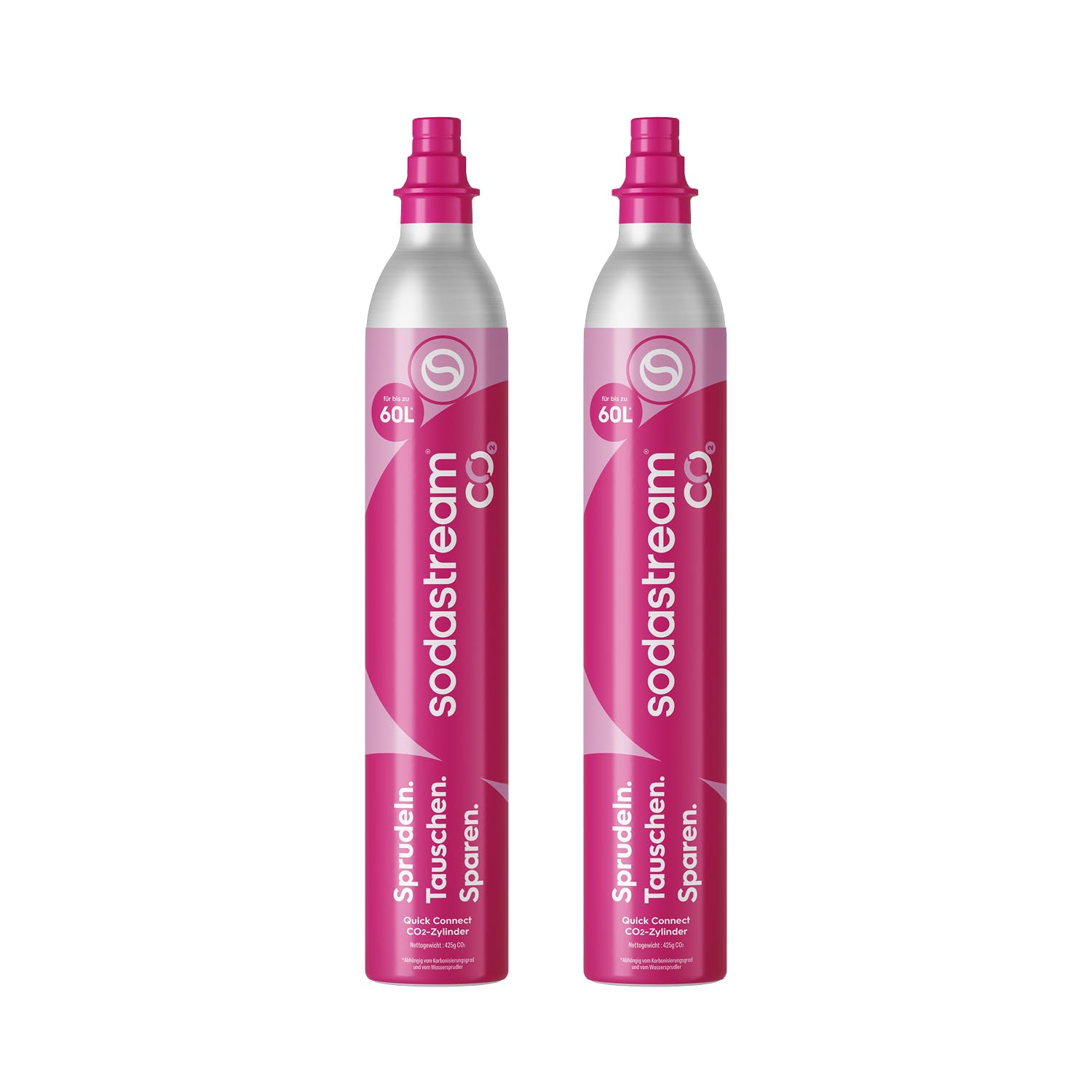 Sodastream Quick Connect CO2 cylinder, pack of 2 reserve cylinders for up to 120L sparkling water, pink, compatible with Terra, E-Terra, Duo, E-Duo, Art, Gaia, Crystal 3.0 and ENSO - CQC