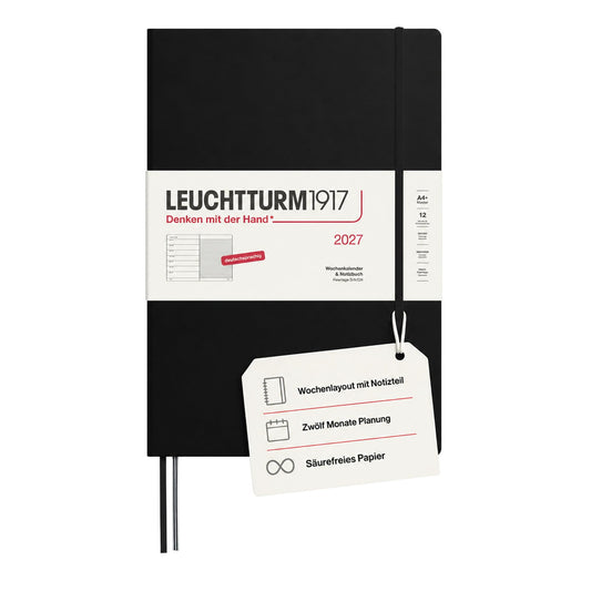 LEUCHTTURM1917 weekly calendar 2027 A4+ (master) with notebook - appointment planner German, black, January-December 2027, weekly overview on the left + note page on the right - 400036