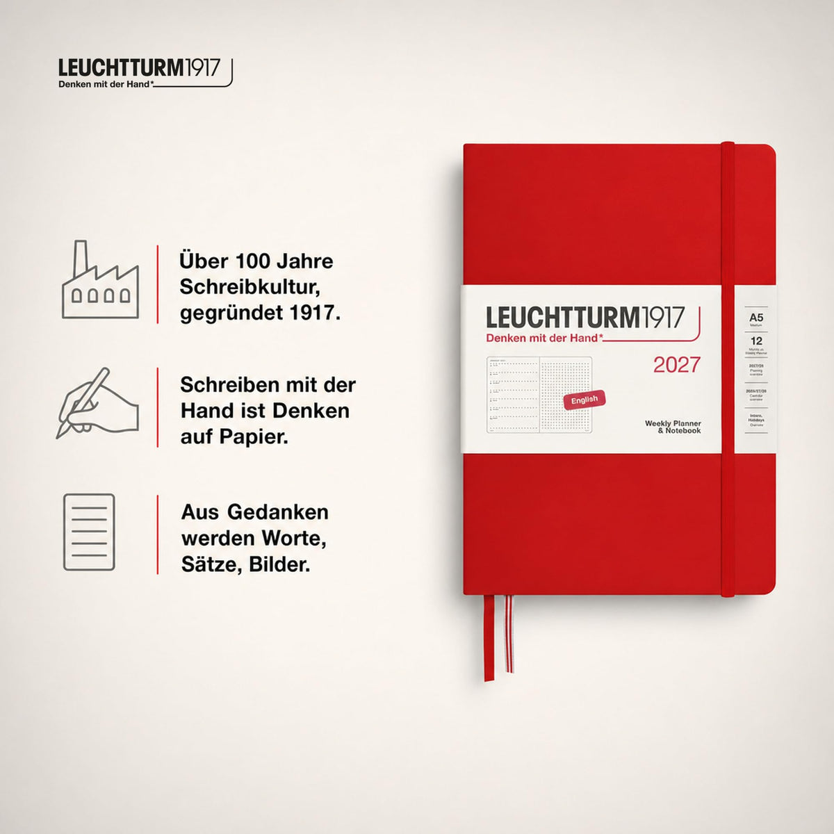 LEUCHTTURM1917 calendar săptămânal 2027 punctat mediu (A5) cu caiet, punctat - planificator de întâlniri engleză, cireș, cartonat, 145 x 210 mm, ianuarie-decembrie 2027, prezentare săptămânală în stânga + pagina de note în dreapta - 400259