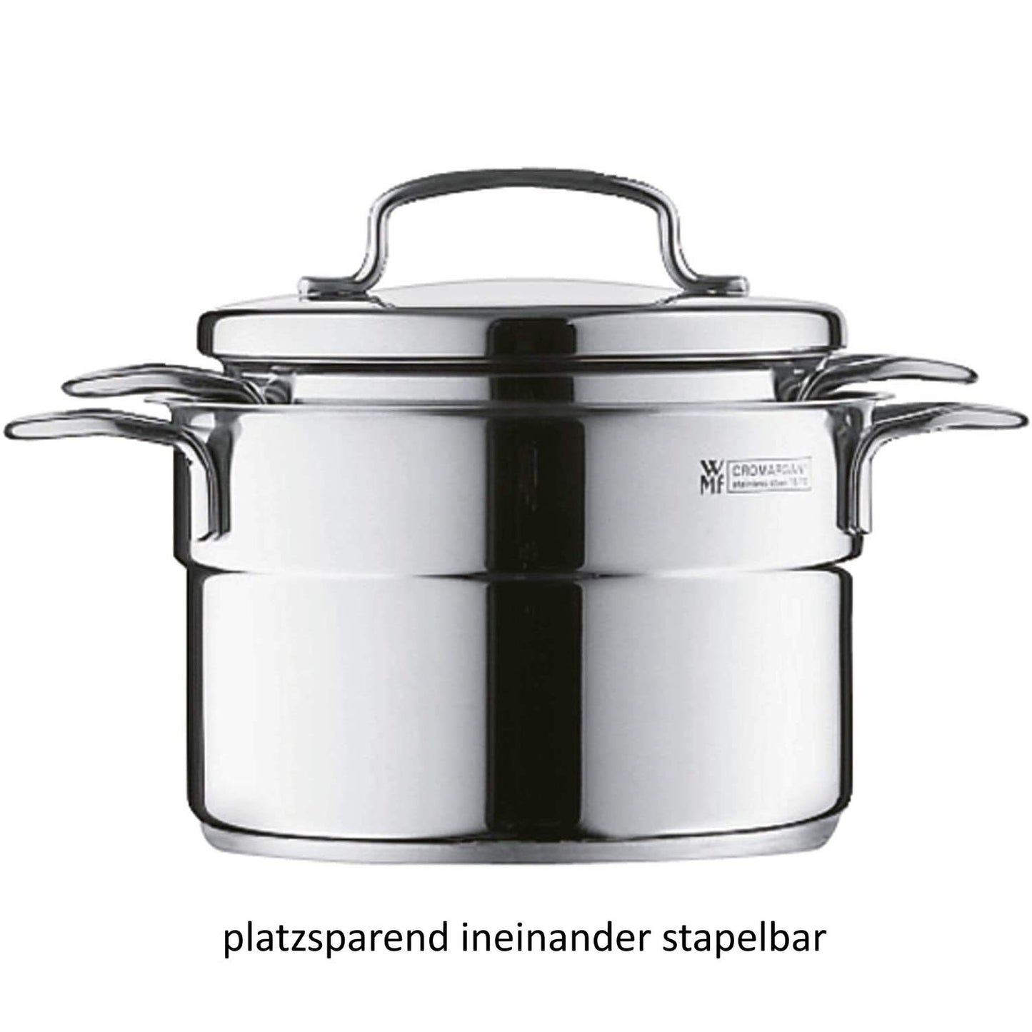 WMF mini cooking pot small 12cm, metal lid, meat pot induction 1l, Cromargan stainless steel, stackable, for small portions, single households - 0712776040