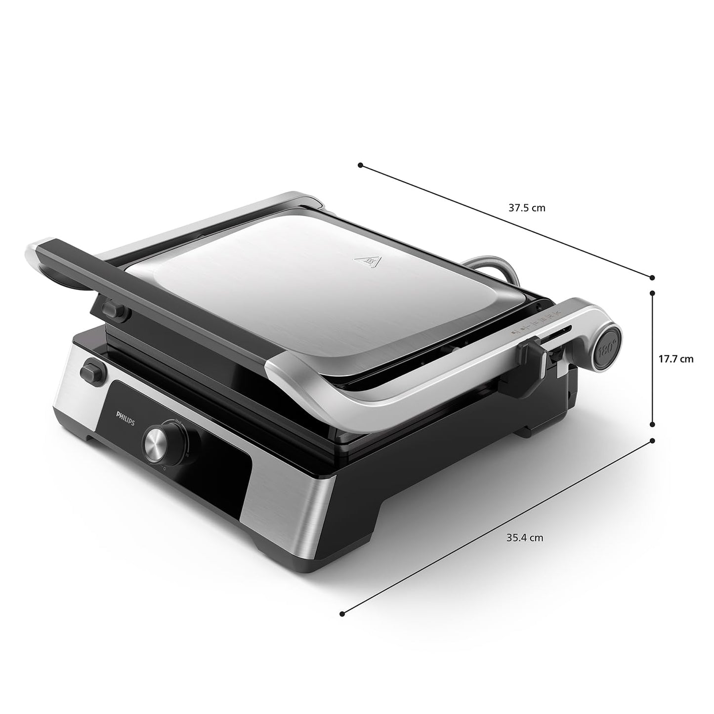 Philips contact grill - adjustable temperature 60°C-200°C. Can be opened 180°. Large grill area and high power performance. Removable non-stick plates and fat drip tray. (HD6301/90)