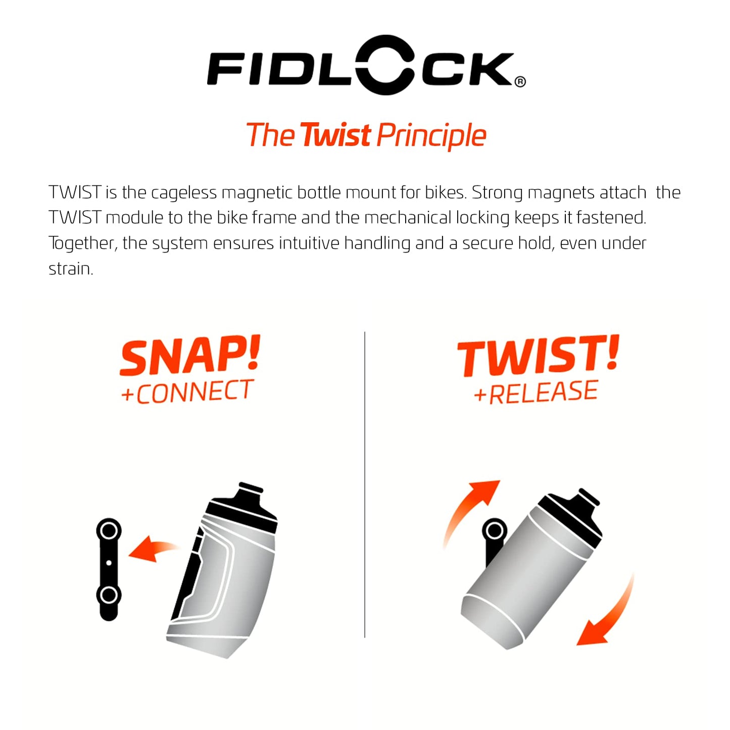FIDLOCK TWIST bottle 450 + bike base - 450 ml bicycle drinking bottle with magnetic bicycle bottle holder, ideal for racing bikes, MTB & gravel, compact design, smoke color - 09611TBL