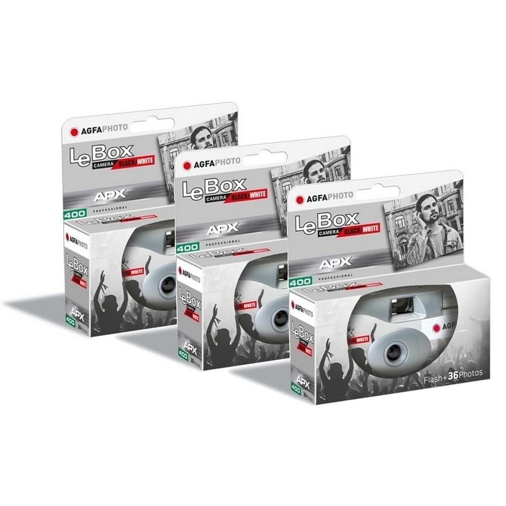 AgfaPhoto Black and White Disposable Camera - LeBox Flash Black & White (3 Pack) - 35mm, 3x36 shots, APX ISO 400 film, 31mm lens, fixed focus and built-in flash - Gray - 3760265545452