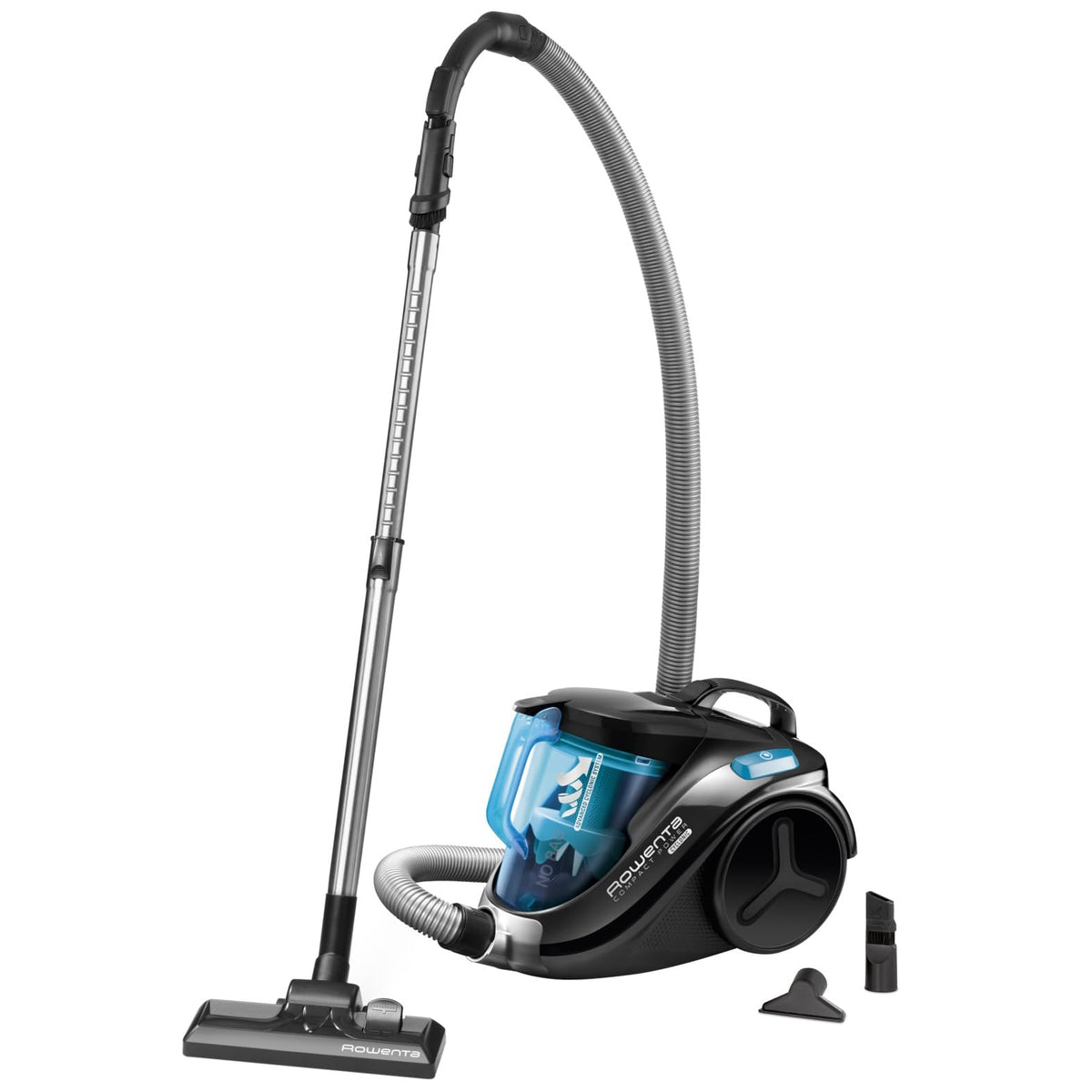 Rowenta Compact Power Cyclonic, aspirator fără sac, îndepărtează murdăria adânc înrădăcinată, 750 Watt, capacitate de 1,5 litri, golire ușoară, aspirator silențios, negru/albastru, RO3731 - RO3731EA