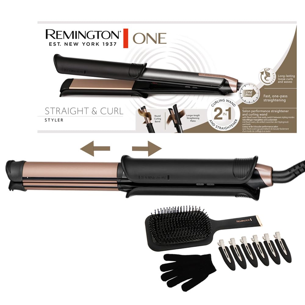 Remington ONE Straightener & Curling Iron [2in1 Multistyler] Straightening/Curling mode with switchable heated outer surface (includes brush, clips, glove, 150-230° digital display) Hair Straightener S6078