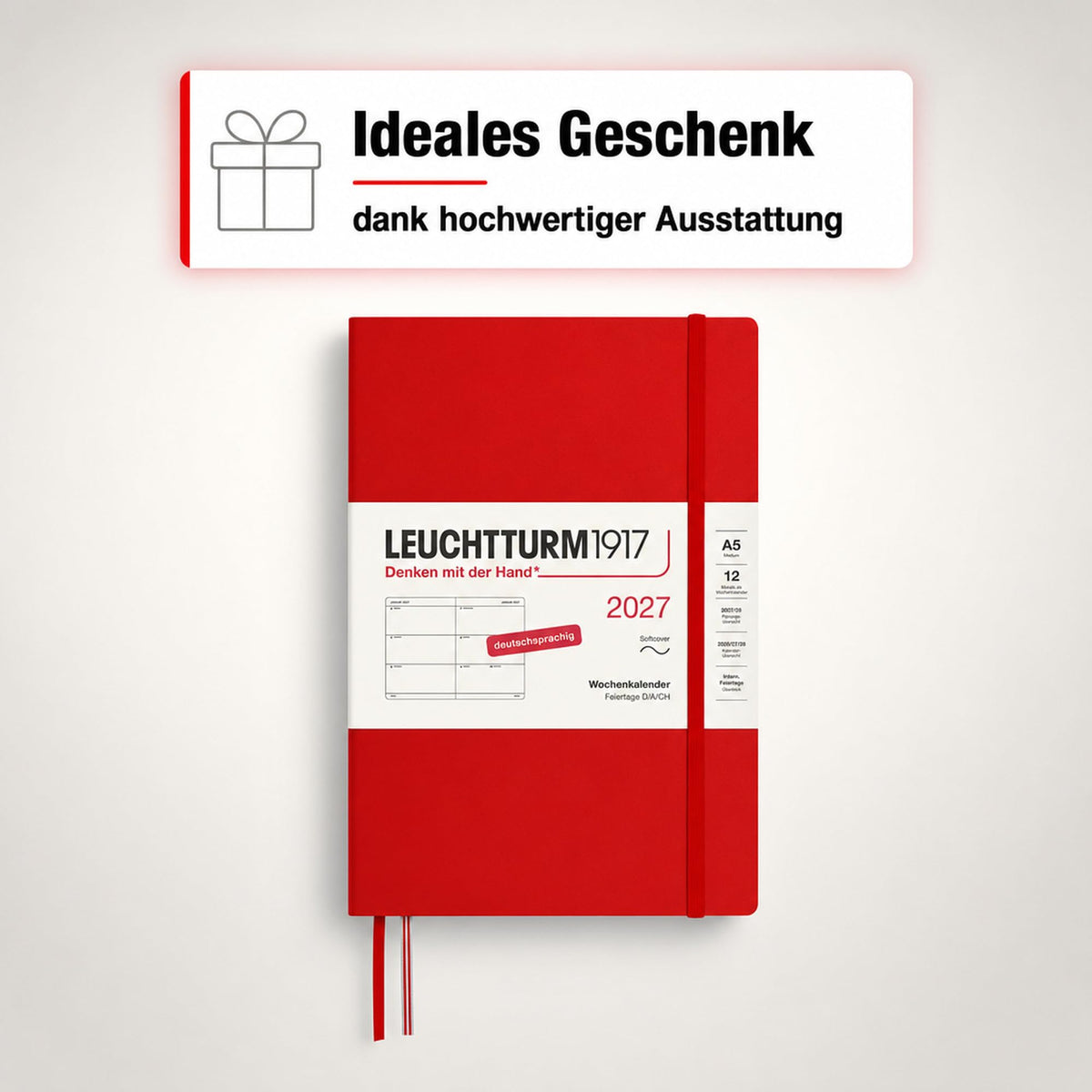 LEUCHTTURM1917 Calendar săptămânal 2027 Mediu (A5) - Germană, Cireș, Copertă moale, 145 x 210 mm, 12 luni - ianuarie-decembrie 2027, 1 săptămână pe pagină dublă, hârtie de 80 g/m² cu compatibilitate ridicată cu cerneală - 400128