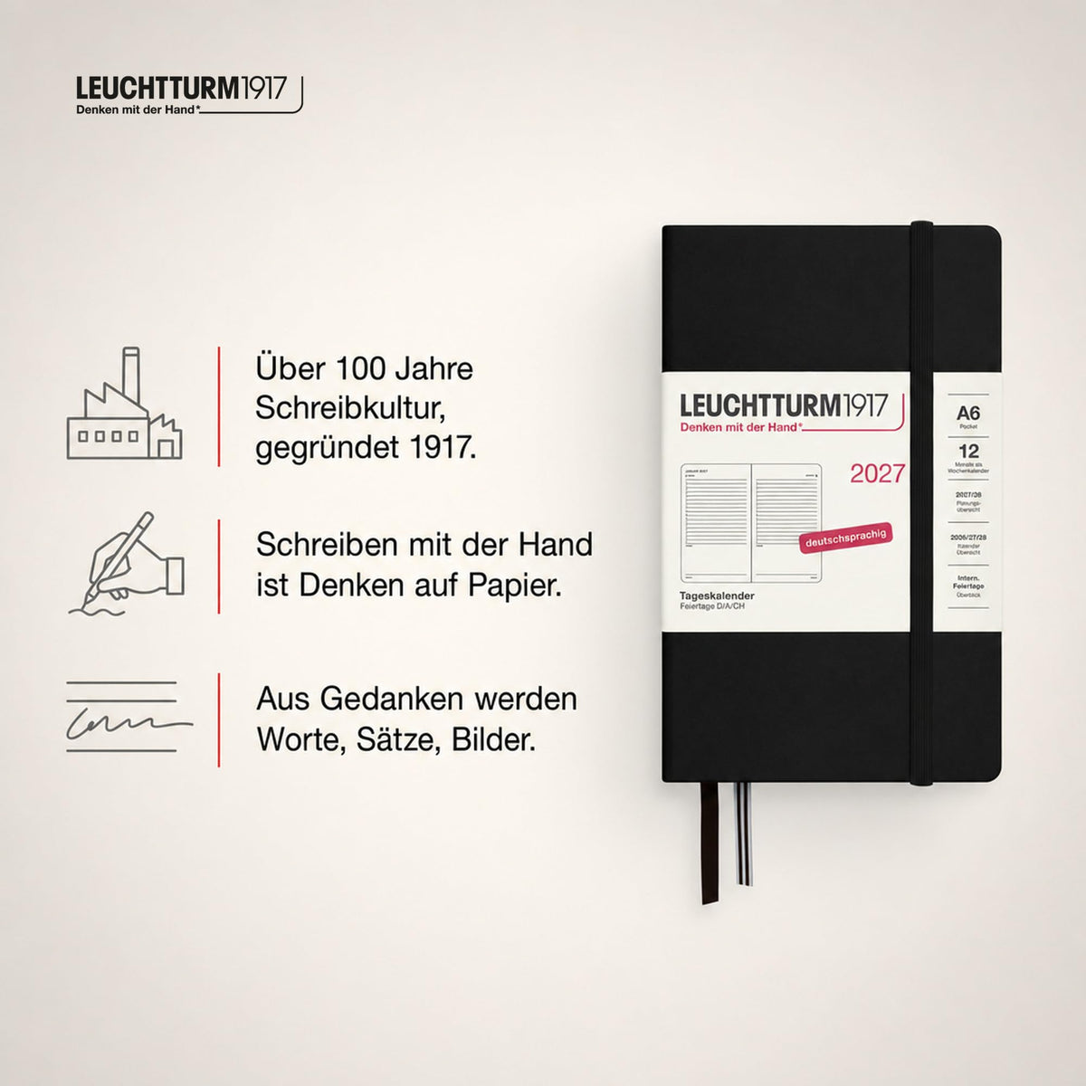 LEUCHTTURM1917 Daily Calendar 2027 Pocket (A6) - German, black, 90 x 150 mm, January-December (12 months), 1 page per day, hourly grid 7:00-22:00, hardcover, 80 g/m² paper - 400164