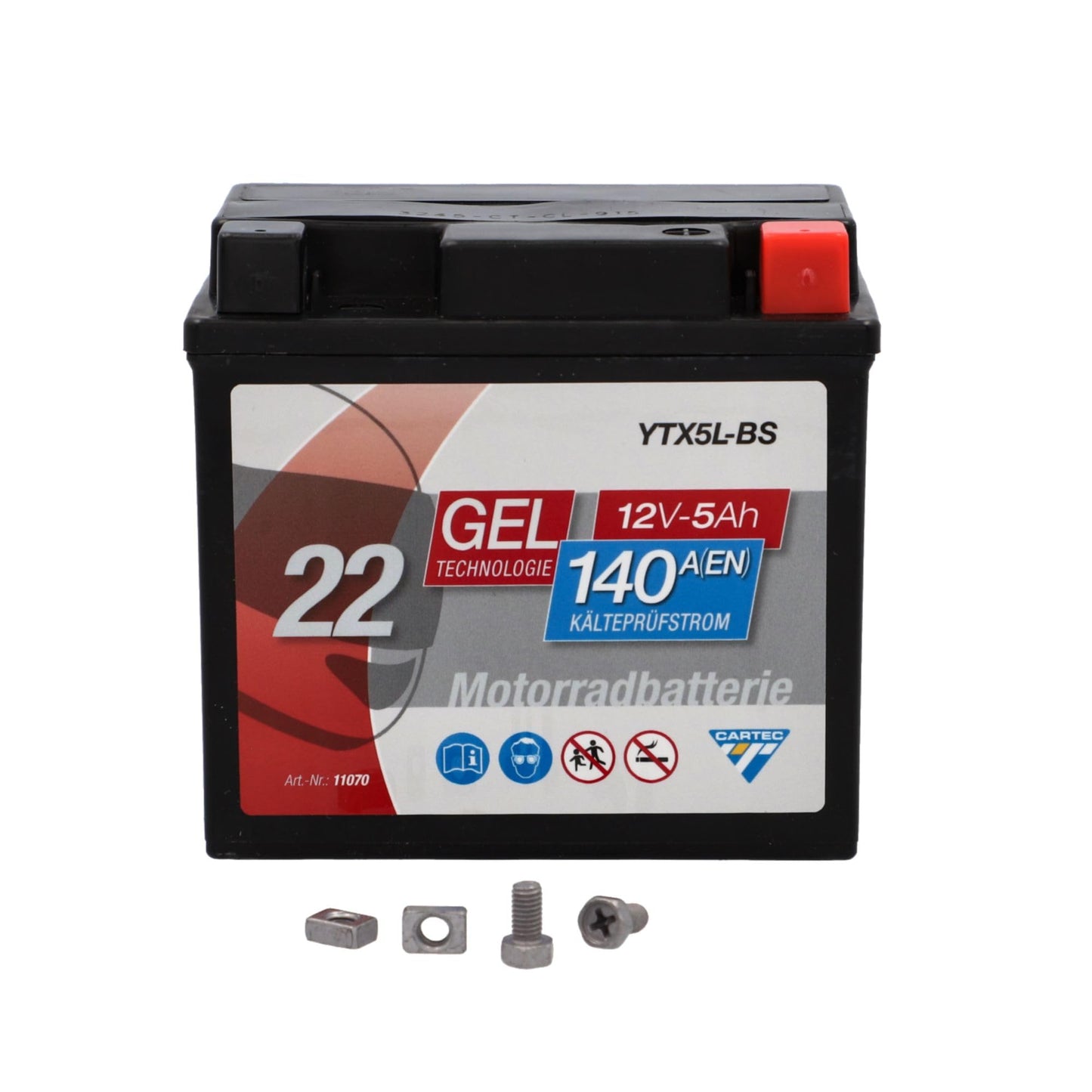 CARTEC motorcycle battery YTX5L-BS, 5Ah, 140A, gel technology motorcycle starter battery, original equipment manufacturer quality, cycle-proof, storable, maintenance-free, black - 11070