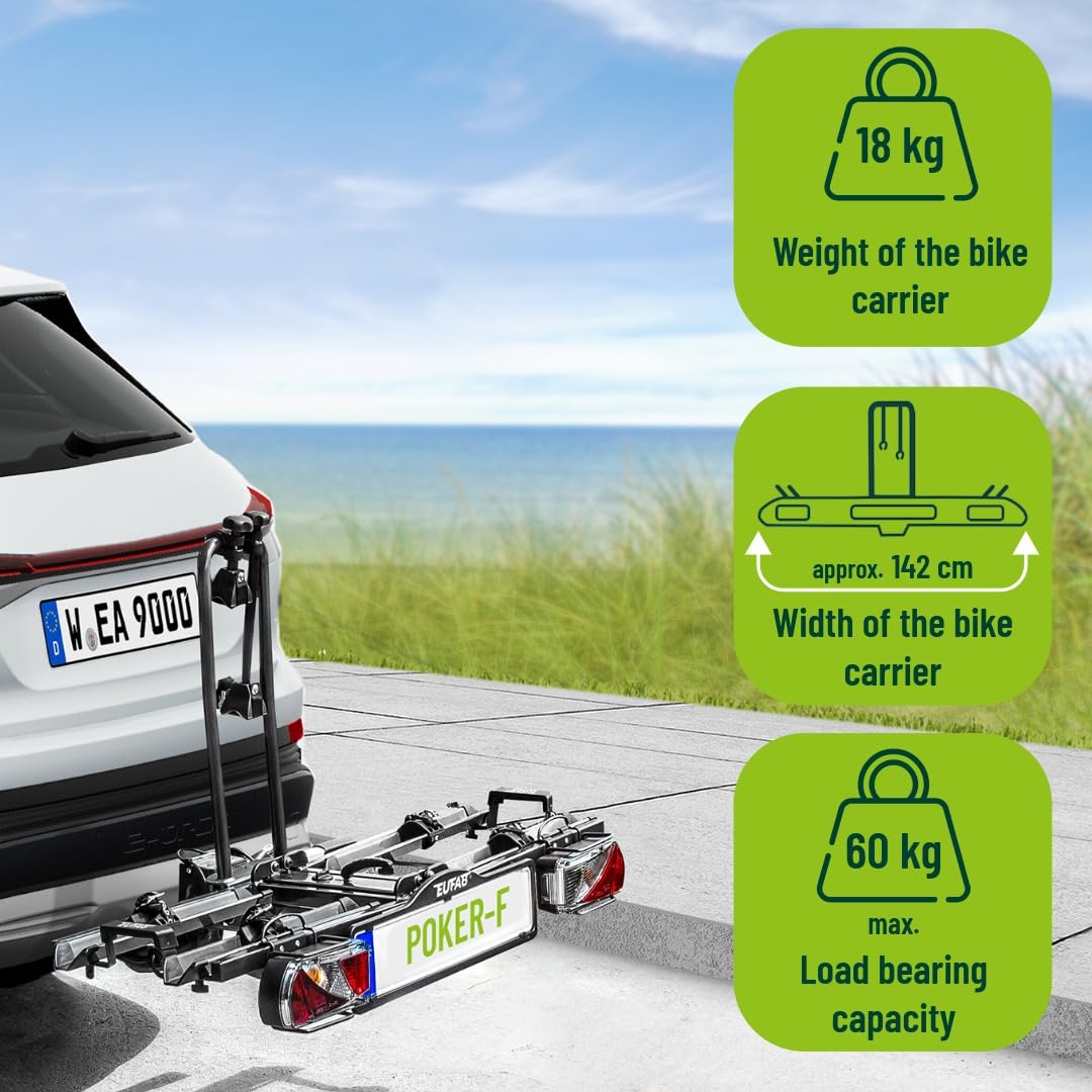 EUFAB 12010LAS bicycle carrier POKER-F, suitable for e-bikes, completely pre-assembled, anti-theft protection, for 2 bicycles, for trailer hitch, black, 142 x 70 x 58 cm