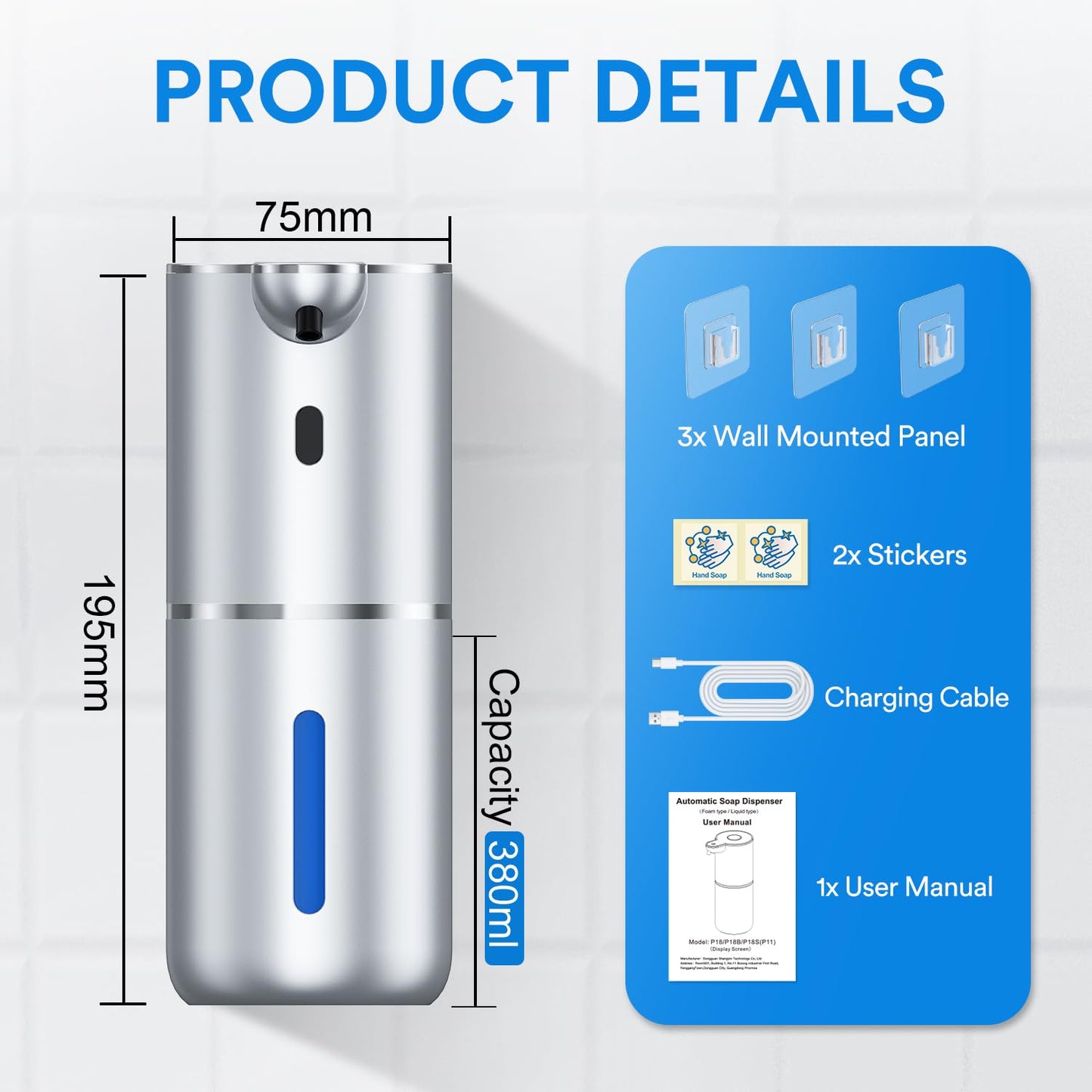 Soap dispenser automatic with digital display, 380 ml electric soap dispenser with sensor, wall mounting, contactless, USB rechargeable IPX5 waterproof foam soap dispenser for bathroom, kitchen - P18