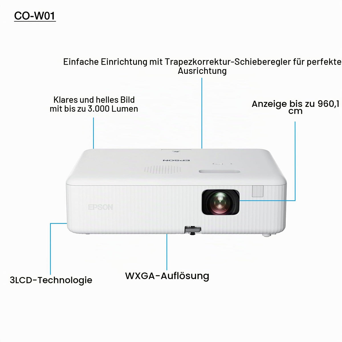 Epson CO-W01 | Affordable WXGA Projector | 3LCD | 3,000 ANSI Lumens | 378" Projection Size | Easy Setup | Keystone Correction | HDMI | For Home and Office | White - V11HA86040