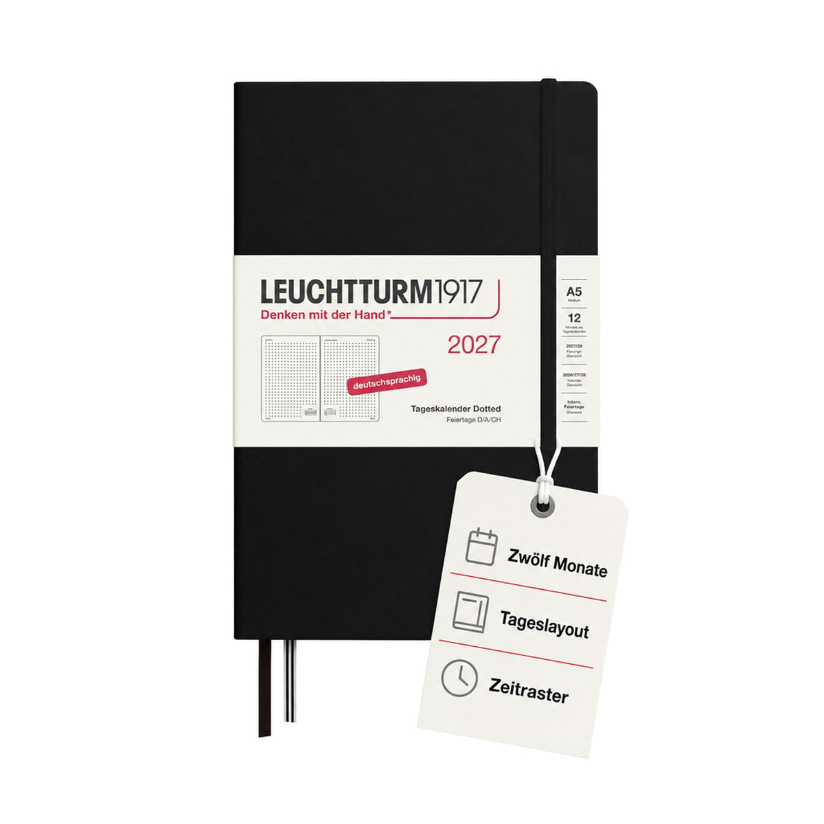 LEUCHTTURM1917 Daily Calendar 2027 Dotted Medium (A5) - German, black, 145 x 210 mm, January-December (12 months), 1 page per day, hourly grid 7:00-22:00, hardcover, 80 g/m² paper - 400166