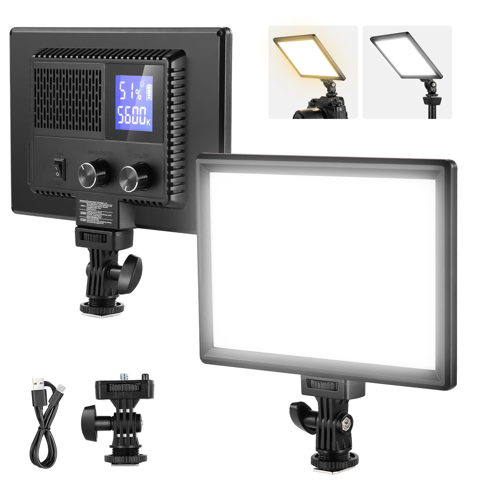 NEEWER 9" LED video light panel, dimmable, soft lighting for DSLR camera, 4000mAh battery, USB Type C ports, 3200K ~ 5600K CRI95+ 600Lux for photography video recording live streaming NL-116AI