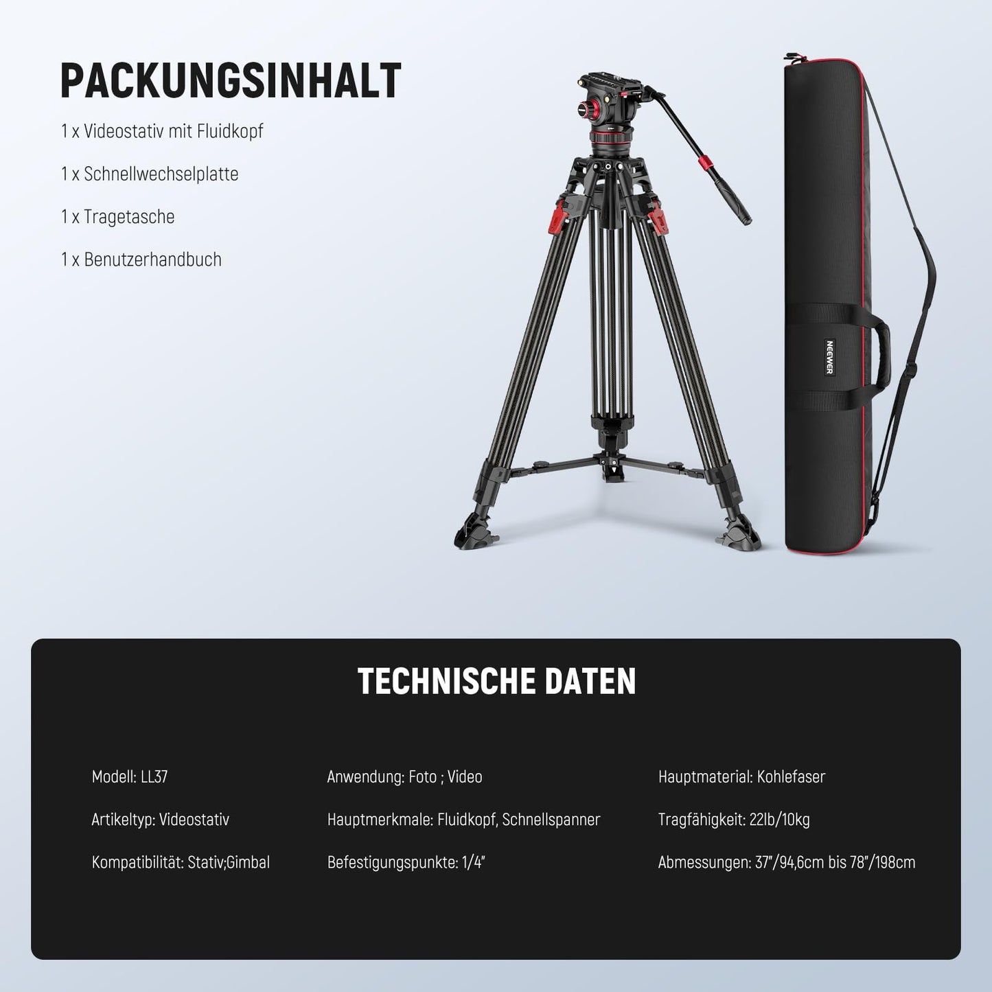 NEEWER 78" Carbon Fiber Video Camera Tripod, Damping Adjustable Fluid Head One Step Quick Release with QR Plate and Handle Robust Tripod for DSLR Camera and Camcorder Max Load Capacity 10kg LL37