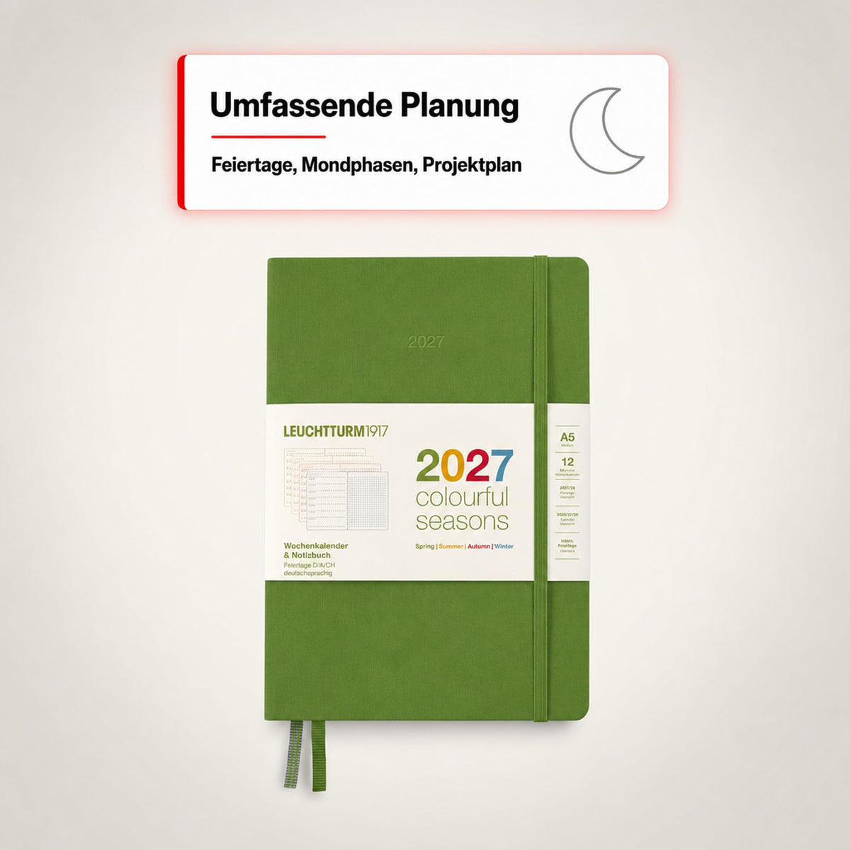 LEUCHTTURM1917 Calendar săptămânal și caiet cu punct mediu (A5) 2027, anotimpuri colorate, verde, engleză Prezentare generală a calendarului cu coperți cartonate 2026/2027/2028, prezentare generală a planificării 01.27-12.28, planificator de proiecte,
