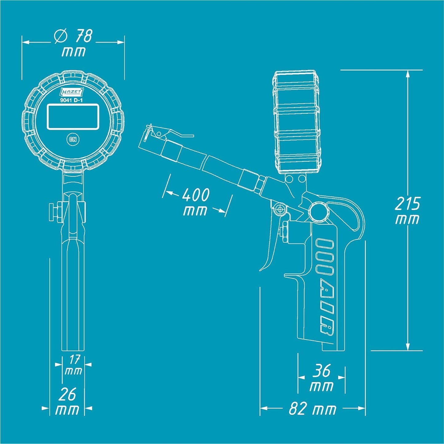 HAZET tire inflation gauge 9041D-1 I digital display, illuminated, measuring range: 0-12 bar, hose length: 400 mm, pressure gauge diameter: 63 mm I tire pressure gauge for cars, motorcycles, trucks and much more. - HZ9041D-1