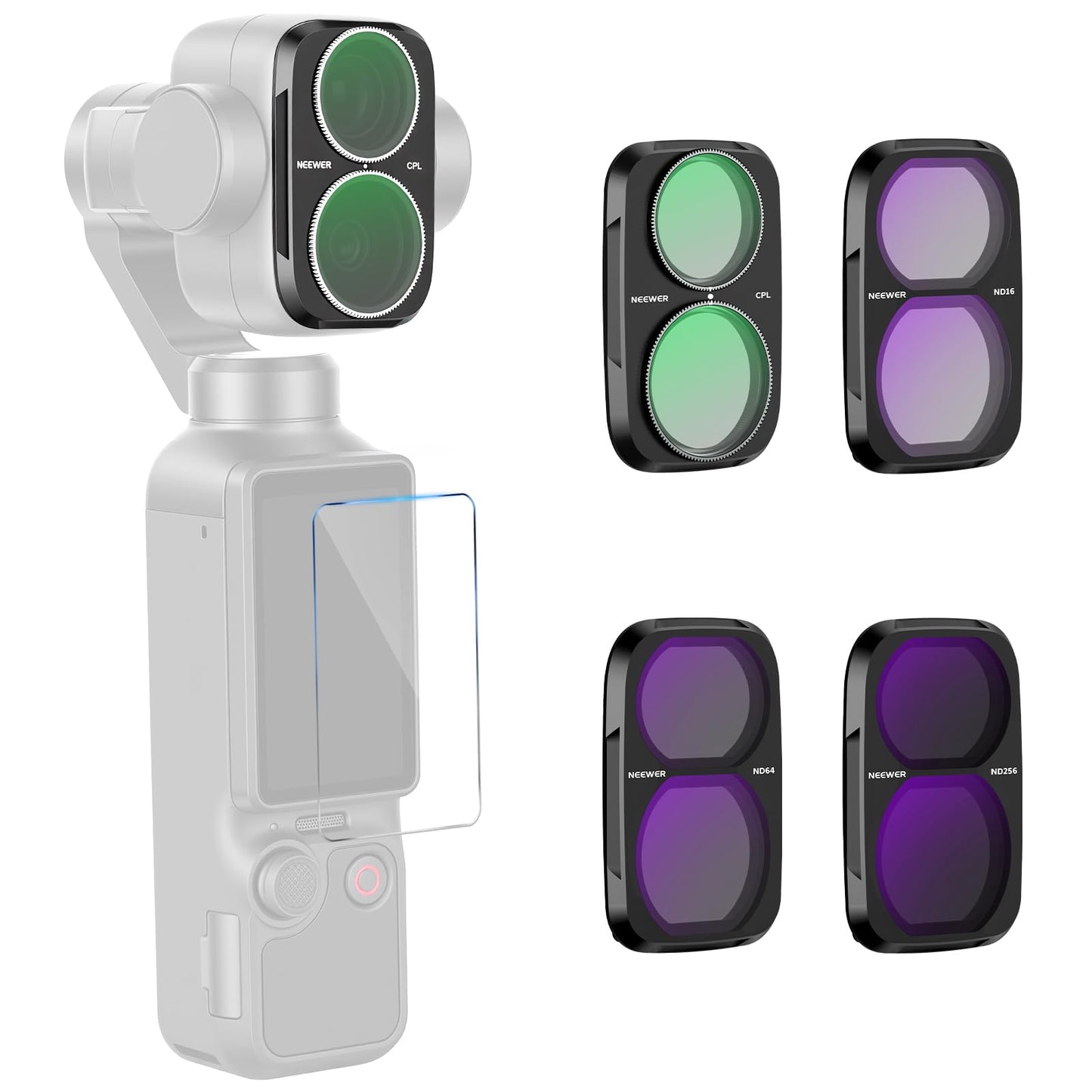 NEEWER CPL + ND Filter Set Compatible with DJI Osmo Pocket 4P Only, Circular Polarization Filter Gray Filter (ND16 + ND64 + ND256) Gimbal Action Cam Lens Filter Screen Protector Photography Accessories - FL-P21