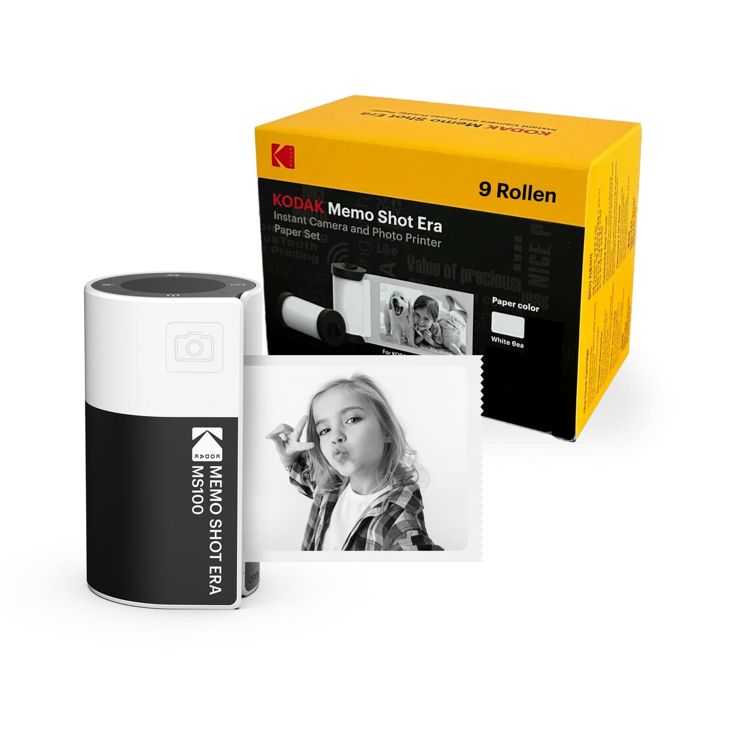 Kodak Memo Shot ERA Kids Instant Camera and Photo Label Printer - White (Camera with 1 Roll One-Touch Label Cartridge + 9 Rolls Cartridge Set) - PM00-155A0