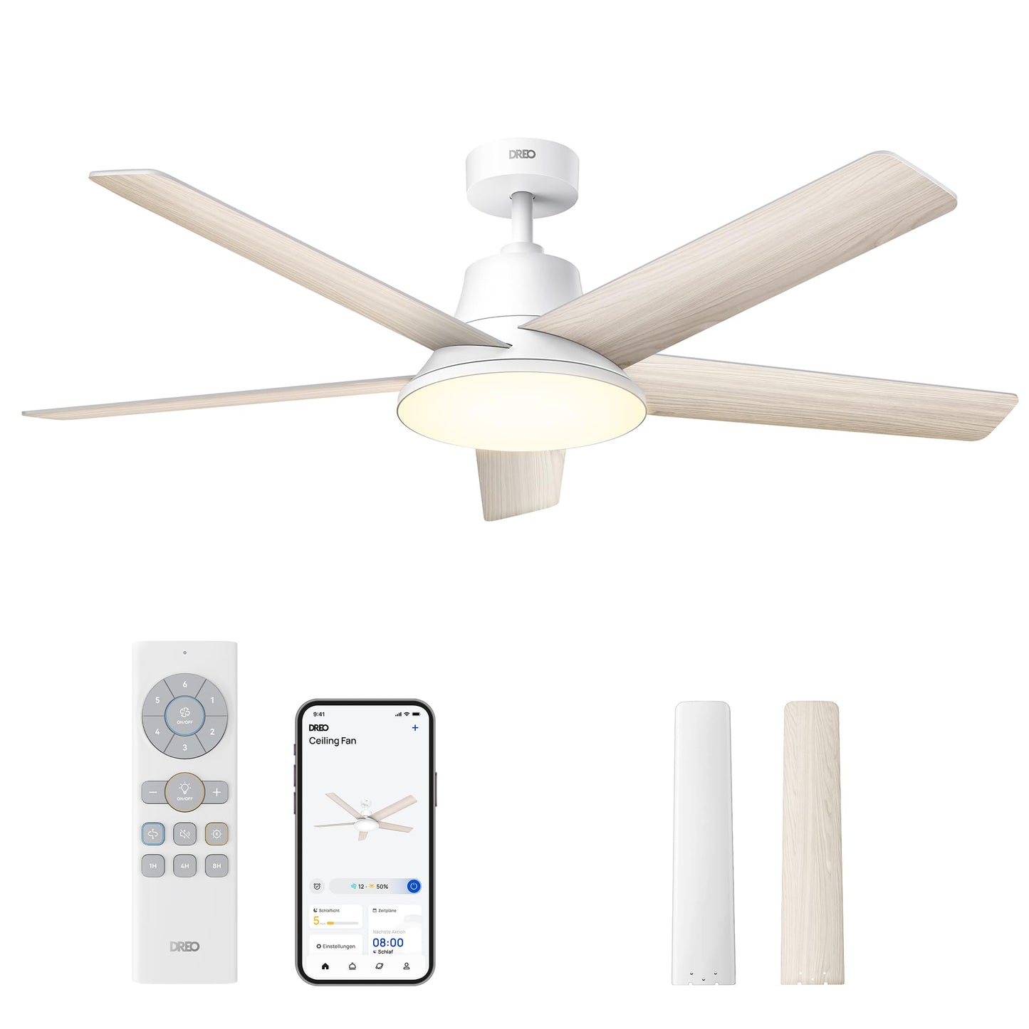 DREO Smart Ceiling Fan with Light, 52" 12 Speeds, 3 Modes, Continuously Dimmable LED Lighting, Quiet DC Motor, 12H Timer, Remote Control/APP/Alexa, Indoor, White - DR-HCF001S