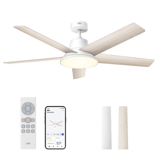 DREO Smart Ceiling Fan with Light, 52" 12 Speeds, 3 Modes, Continuously Dimmable LED Lighting, Quiet DC Motor, 12H Timer, Remote Control/APP/Alexa, Indoor, White - DR-HCF001S