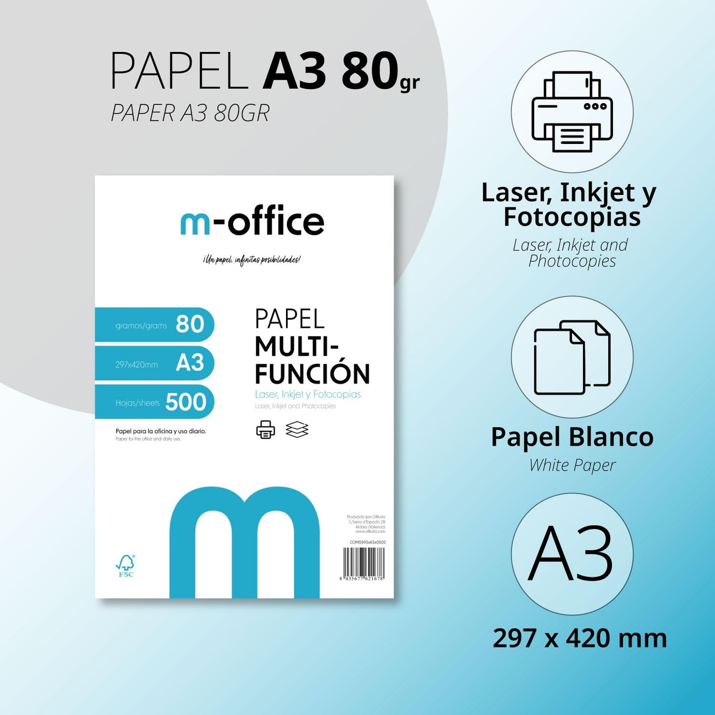 A3 Paper 80g 3 Pack of 500 Sheets Multifunctional Paper for Inkjet and Laser Printers A3 Sheets 297 x 420mm Ideal for Office and Home m-office (1500 Sheets) - COM0593
