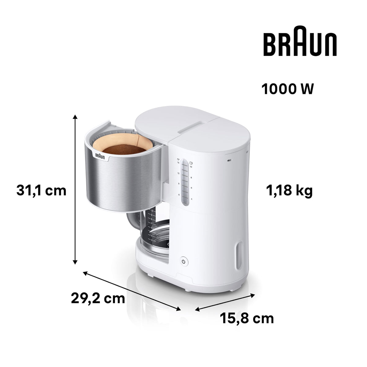 Braun PurShine KF1505 WH Filter Coffee Machine, 1.2L Stainless Steel Thermal Carafe for up to 9 cups, OptiBrew System, Drip Stop Function, Swivel Filter Basket, Automatic Shut-off, 1000W, White - KF1505WH