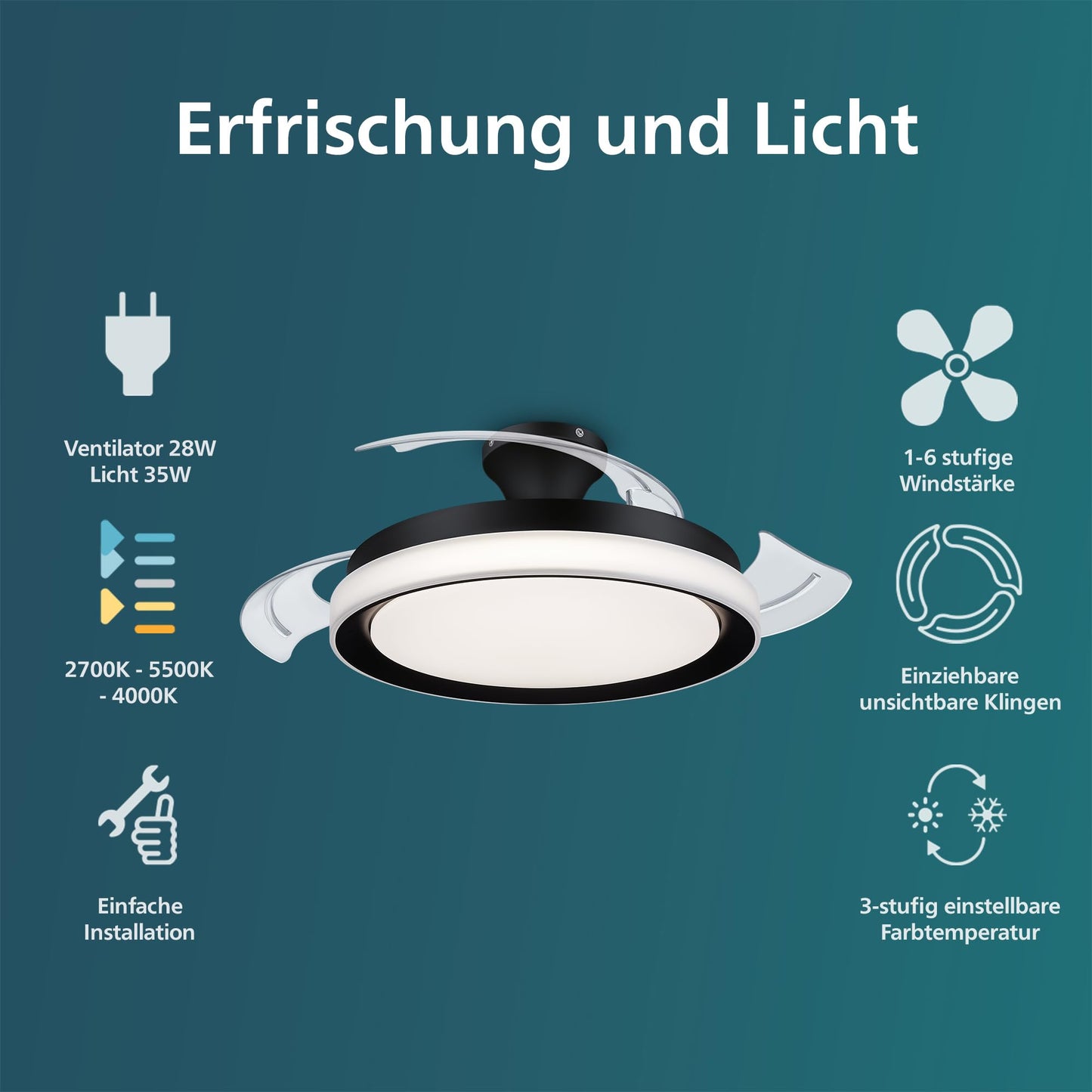 Philips Atlas ceiling fan with retractable blades and LED lighting, 3 blades, 106 cm wingspan, 3 lighting levels, adjustable white light, ultra-quiet, model 2024, black - 8720169279100
