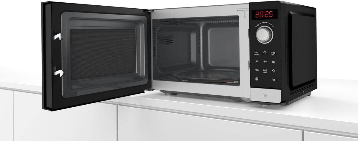 Bosch FFL023MS2 Serie 2 freestanding microwave, 26 x 44 cm, 800 W, turntable 27 cm, left door hinge, AutoPilot 7 with 7 automatic programs, cleaning assistance, LED touch display, stainless steel