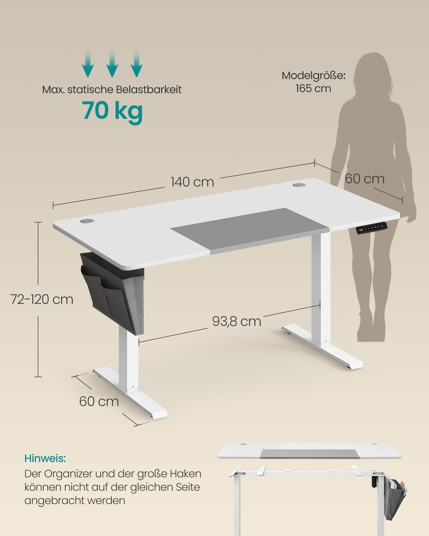 SONGMICS Electric height-adjustable desk, 140 x 60 cm, continuously adjustable, memory function with 4 heights, cloud white-dove gray LSD016W02
