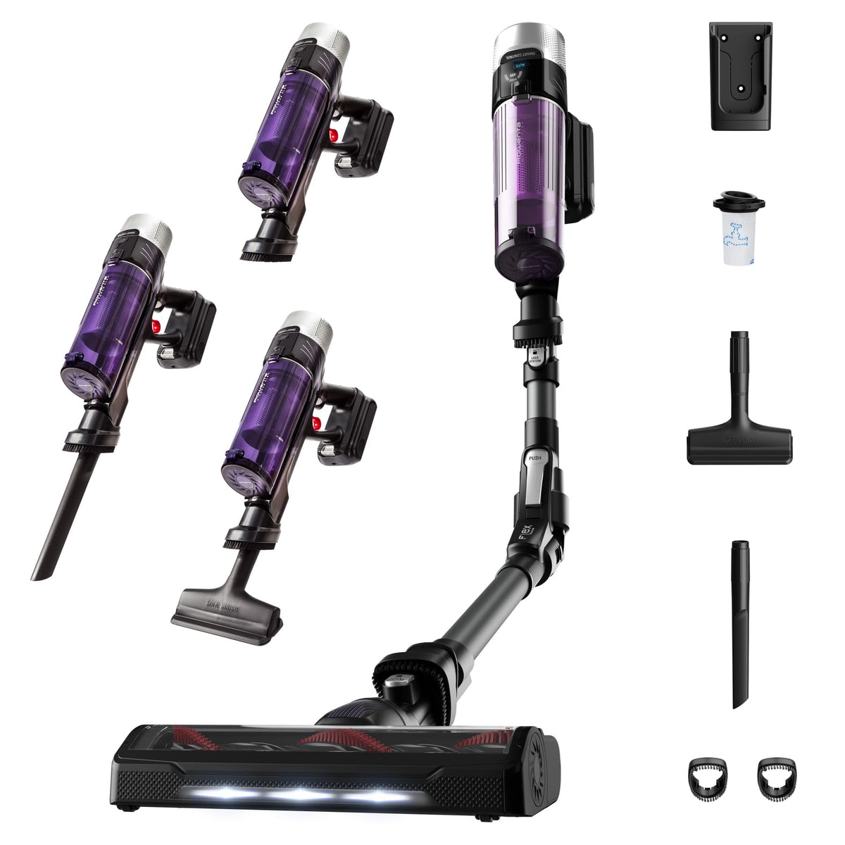 Rowenta X-Force Flex 9.60 Allergy cordless stick vacuum cleaner, 100 Air Watt, removable battery, up to 45 minutes of runtime, compact, flex joint, LED nozzle, purple-black, RH2038
