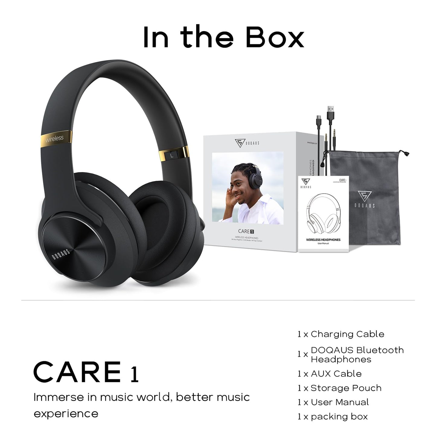 DOQAUS Wireless Bluetooth Headphones, Up to 90 Hours HiFi Stereo Headphones Over Ear with 3 EQ Modes, Bluetooth Headset with Microphone & Soft Ear Pads for Travel/Office/Mobile Phone/PC Black & Gold - Care1