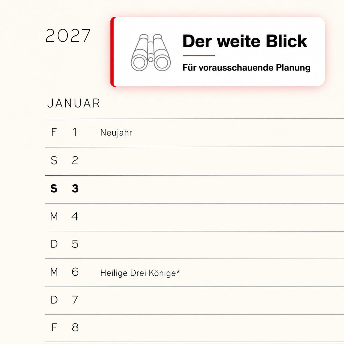 LEUCHTTURM1917 Daily Calendar 2027 Pocket (A6) - German, black, 90 x 150 mm, January-December (12 months), 1 page per day, hourly grid 7:00-22:00, hardcover, 80 g/m² paper - 400164