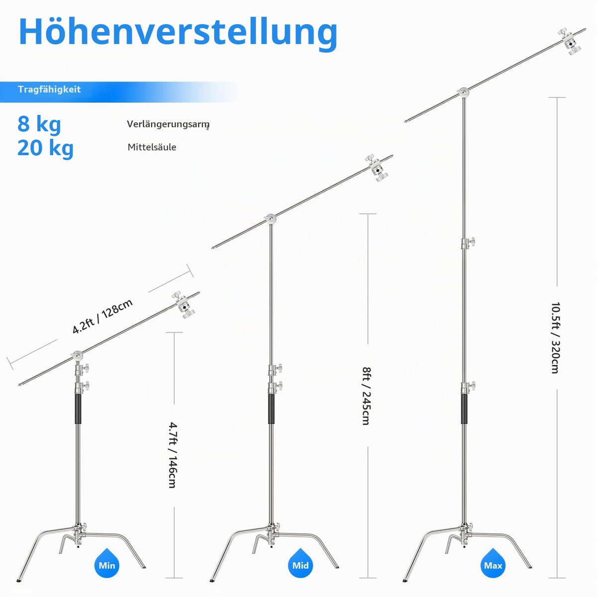 NEEWER Pro 100% Stainless Steel Heavy Duty C Stand with Boom Arm - SC320